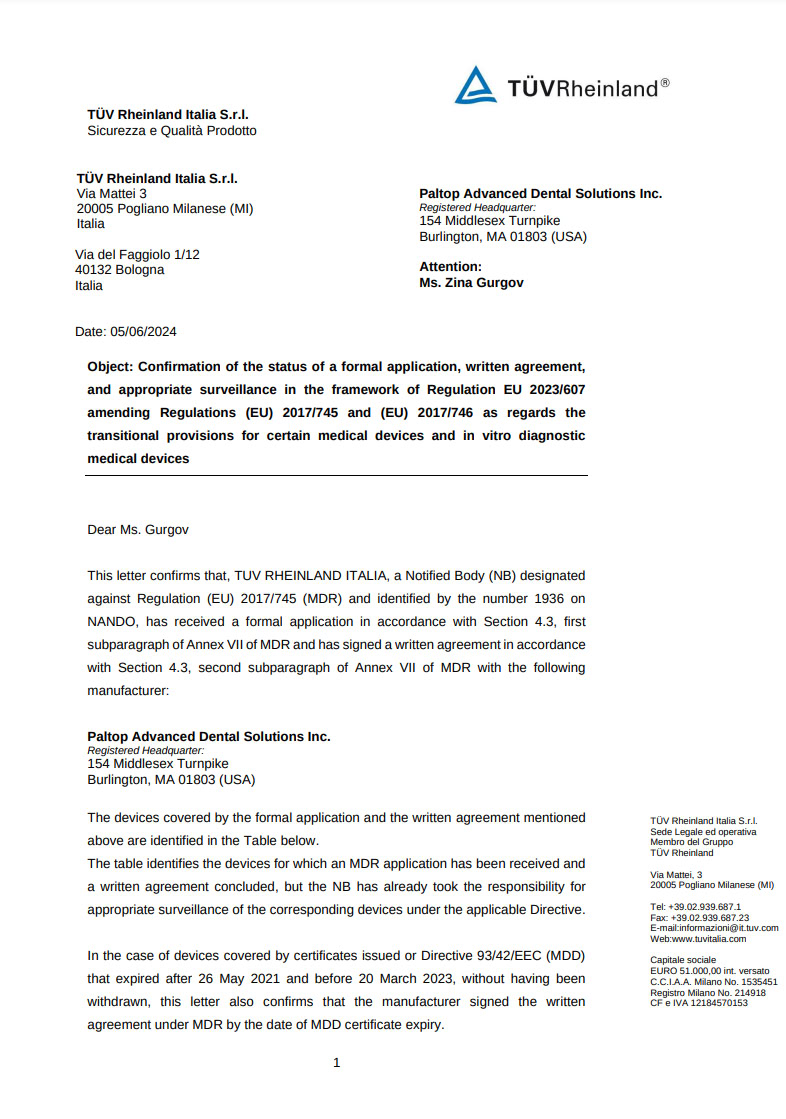 Certificate Paltop Dental Implants Praha
